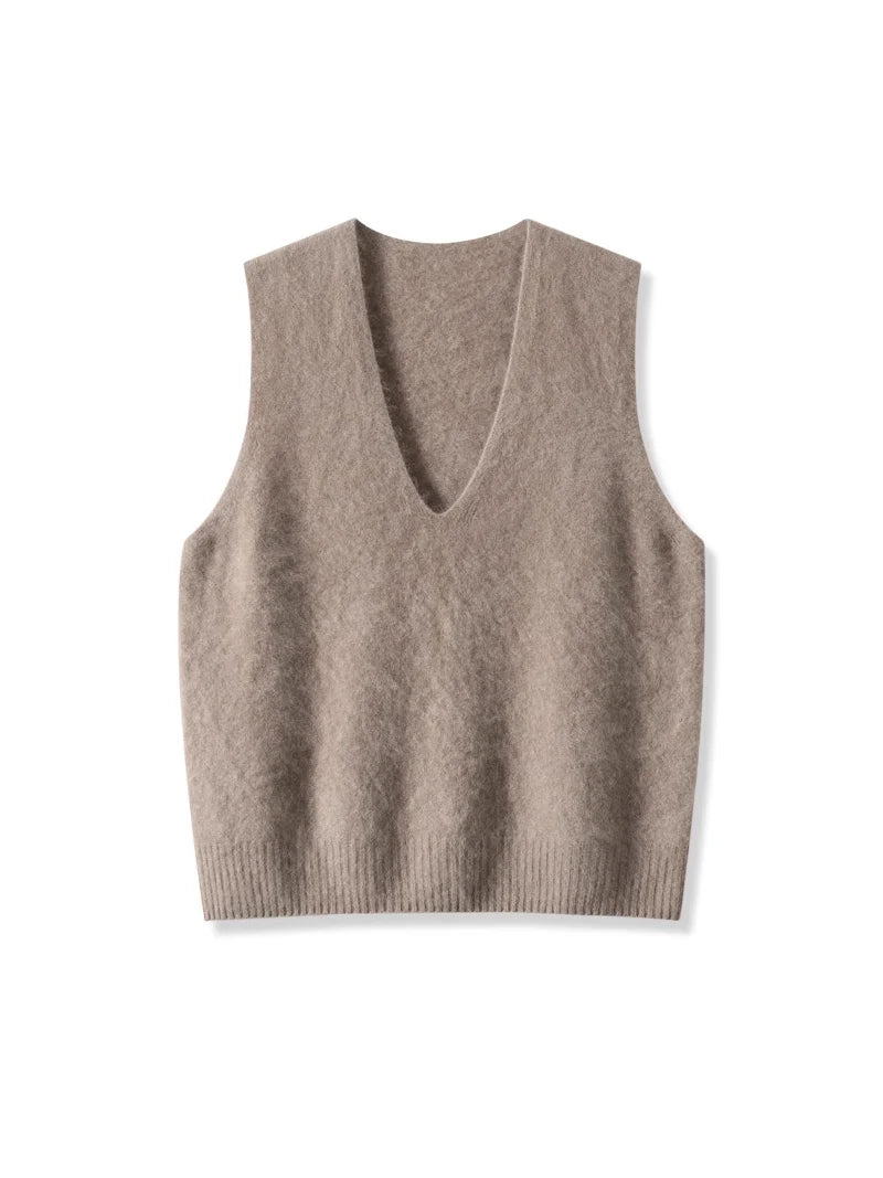 Premium Wool Cashmere Blend V Neck Women's Vest Pullover Loose Sweater