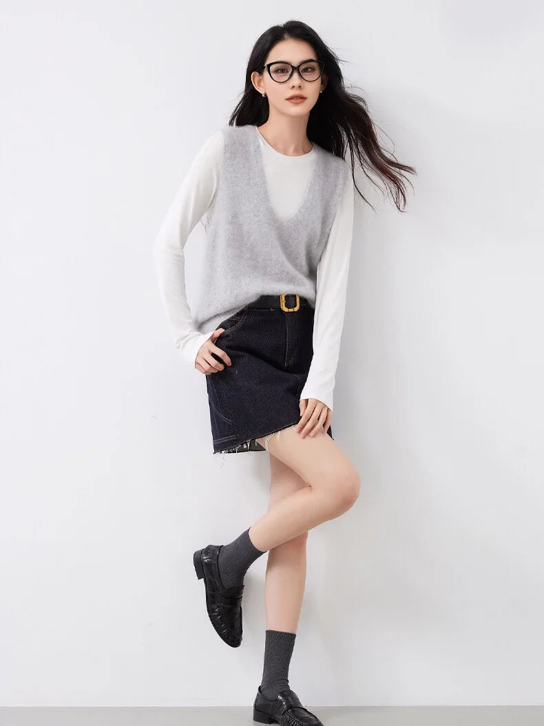 Premium Wool Cashmere Blend V Neck Women's Vest Pullover Loose Sweater