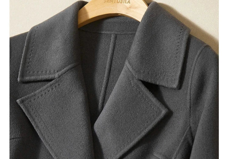 100% Wool Handmade Notched Lapels Elegant Long Coat