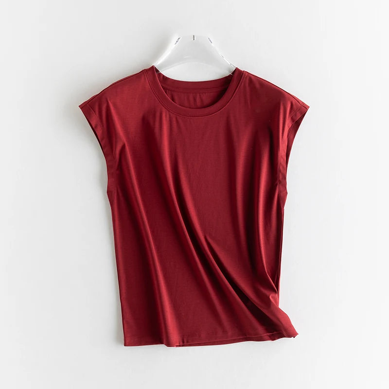 Mulberry Silk Mercerized Cotton Crewneck Sleeveless Women's T-shirt