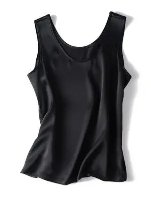 Black sleeveless silk top on a white background