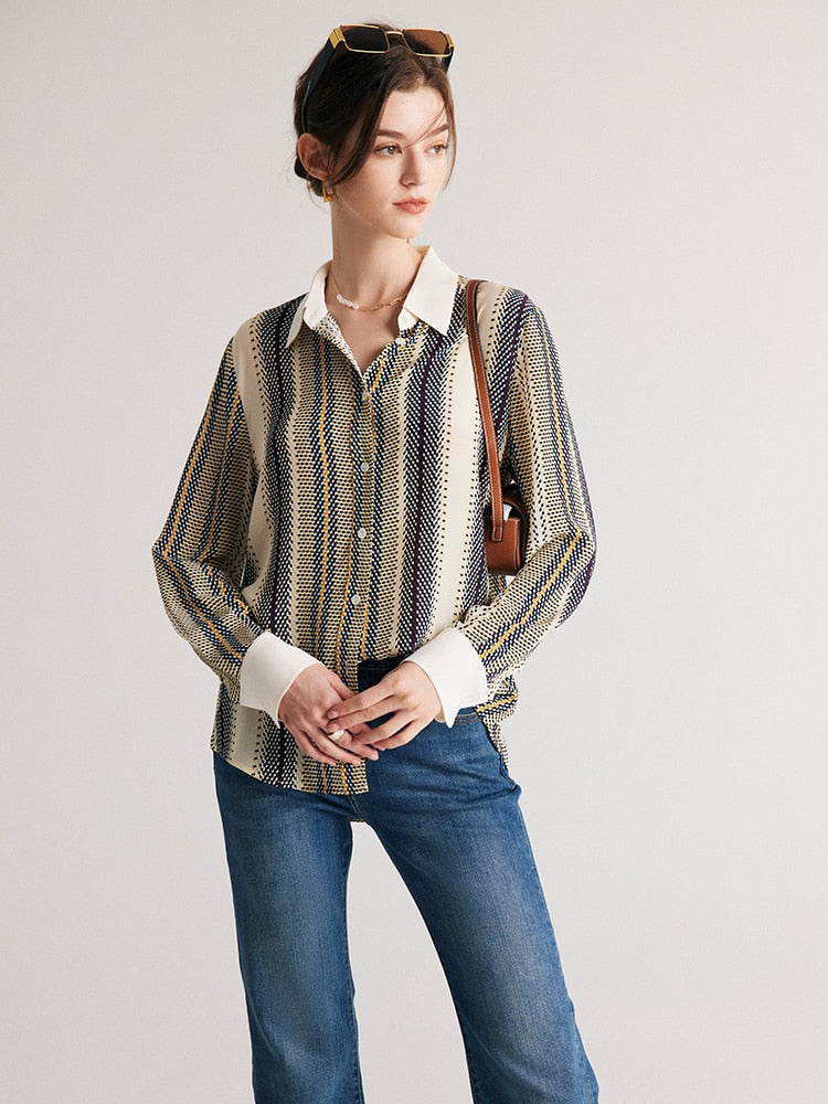 100% Premium  Mulberry Silk Stripe Printed Women Shirt