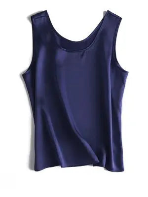 Navy blue sleeveless silk top on a white background