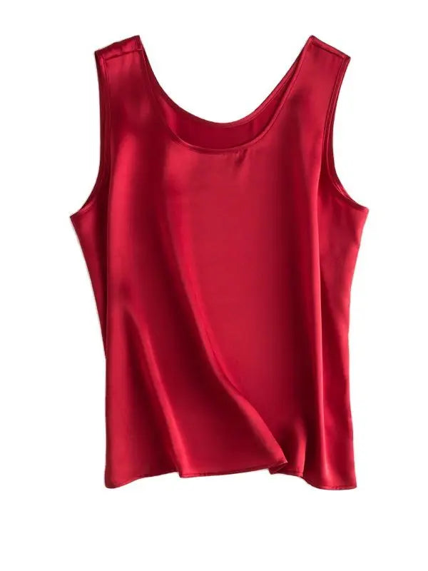 Red sleeveless silk top on a white background