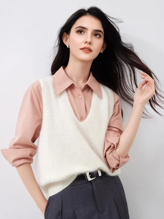 Premium Wool Cashmere Blend V Neck Women's Vest Pullover Loose Sweater