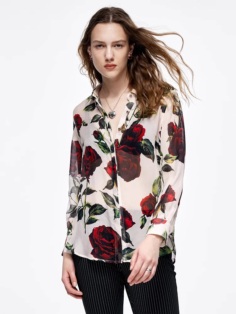 100% Premium Mulberry Silk Rose Printed Chic Women's Shirt