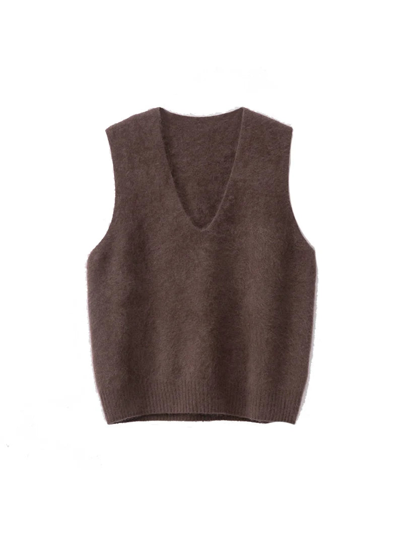 Premium Wool Cashmere Blend V Neck Women's Vest Pullover Loose Sweater