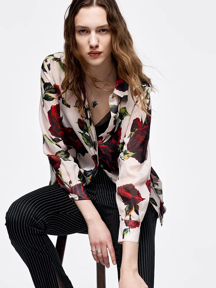 100% Premium Mulberry Silk Rose Printed Chic Women's Shirt