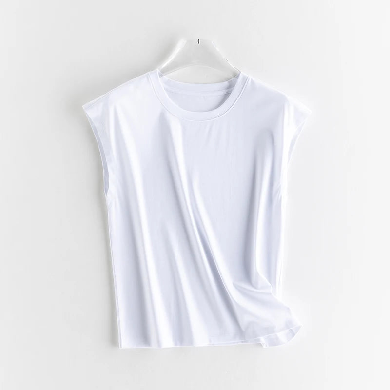 Mulberry Silk Mercerized Cotton Crewneck Sleeveless Women's T-shirt