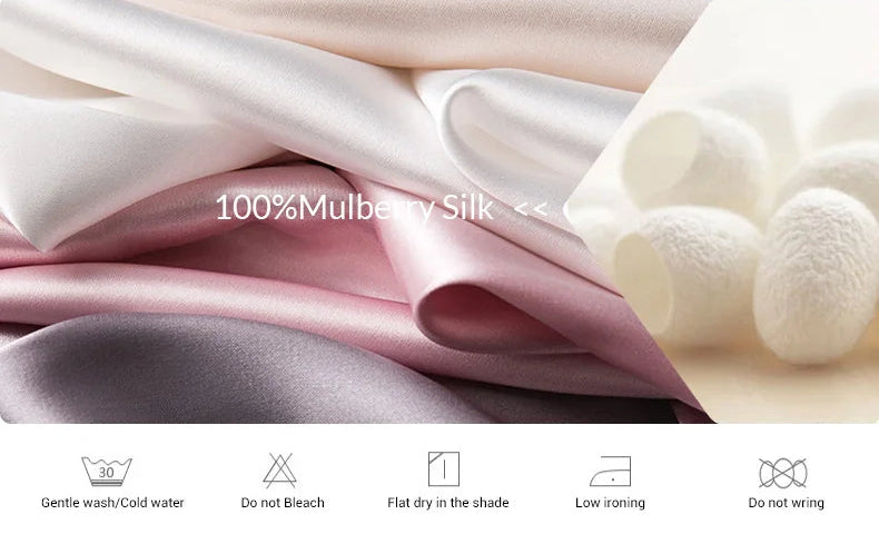 Silk fabric with care instructions on a white background