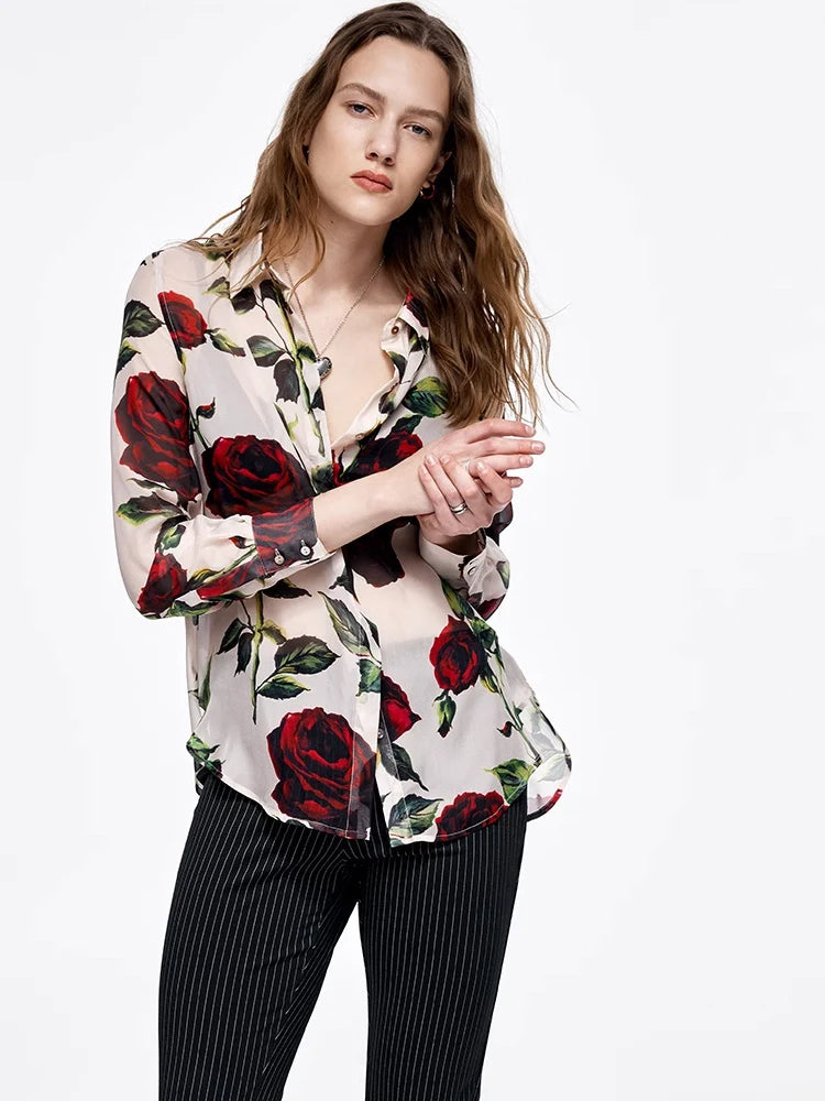 100% Premium Mulberry Silk Rose Printed Chic Women's Shirt