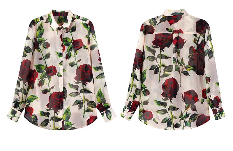 100% Premium Mulberry Silk Rose Printed Chic Women's Shirt