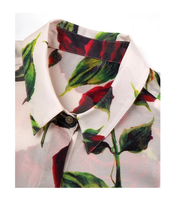 100% Premium Mulberry Silk Rose Printed Chic Women's Shirt