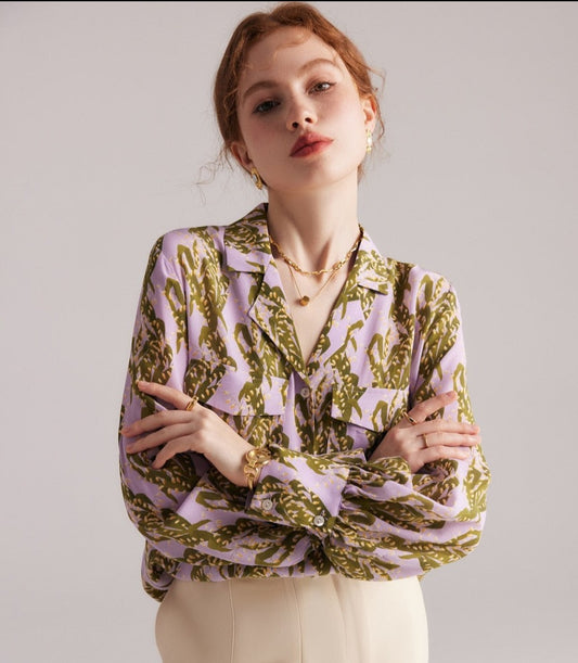 100% Premium Mulberry Silk Printed Crepe de Chine Shirt