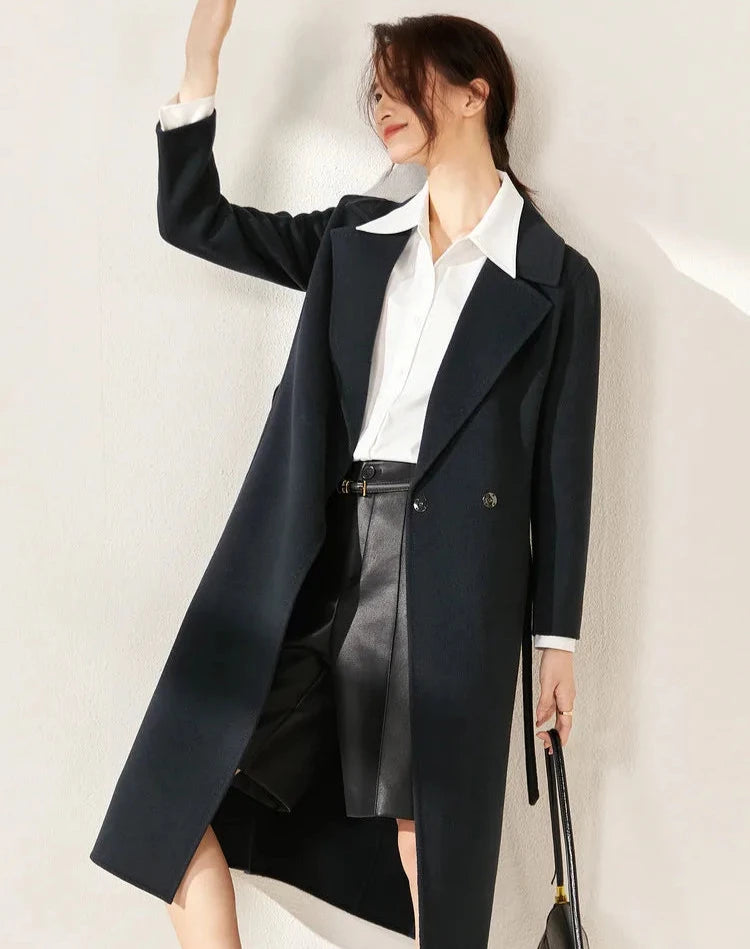 100% Wool Handmade Notched Lapels Elegant Long Coat