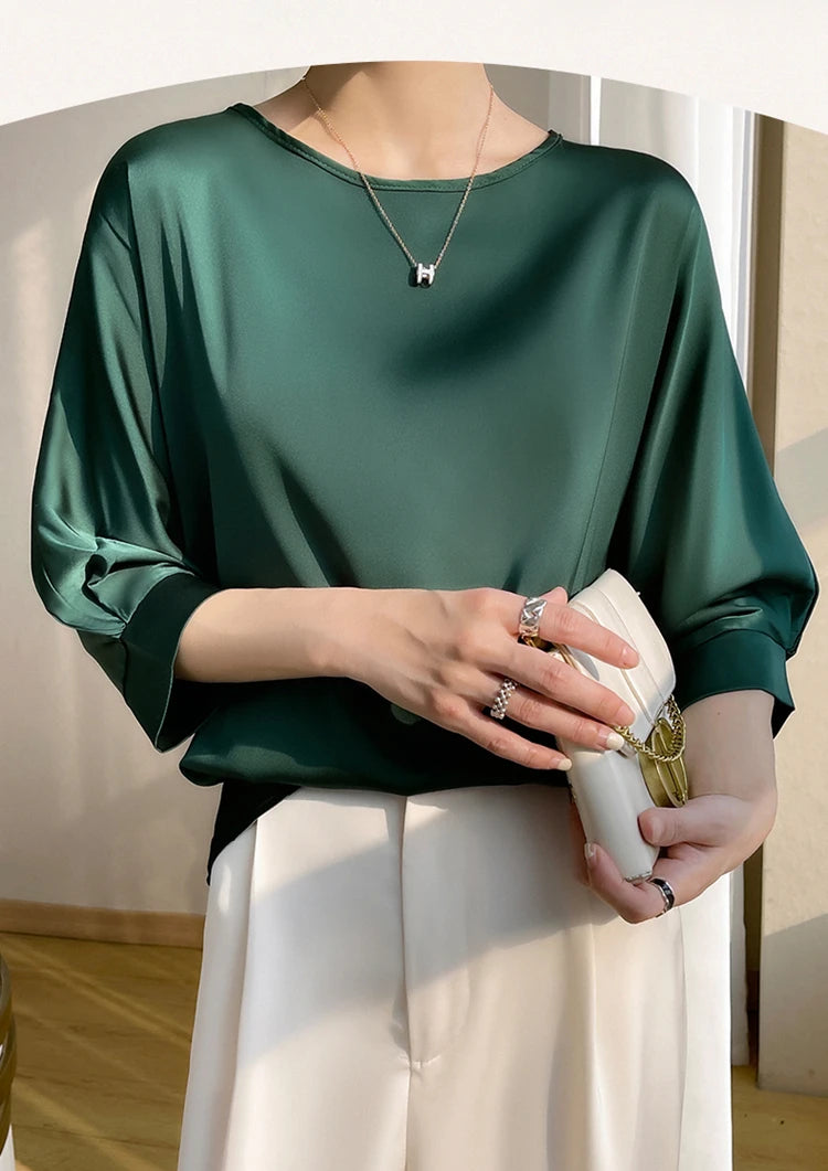 Synthetic Silk Satin Crewneck Women's Top