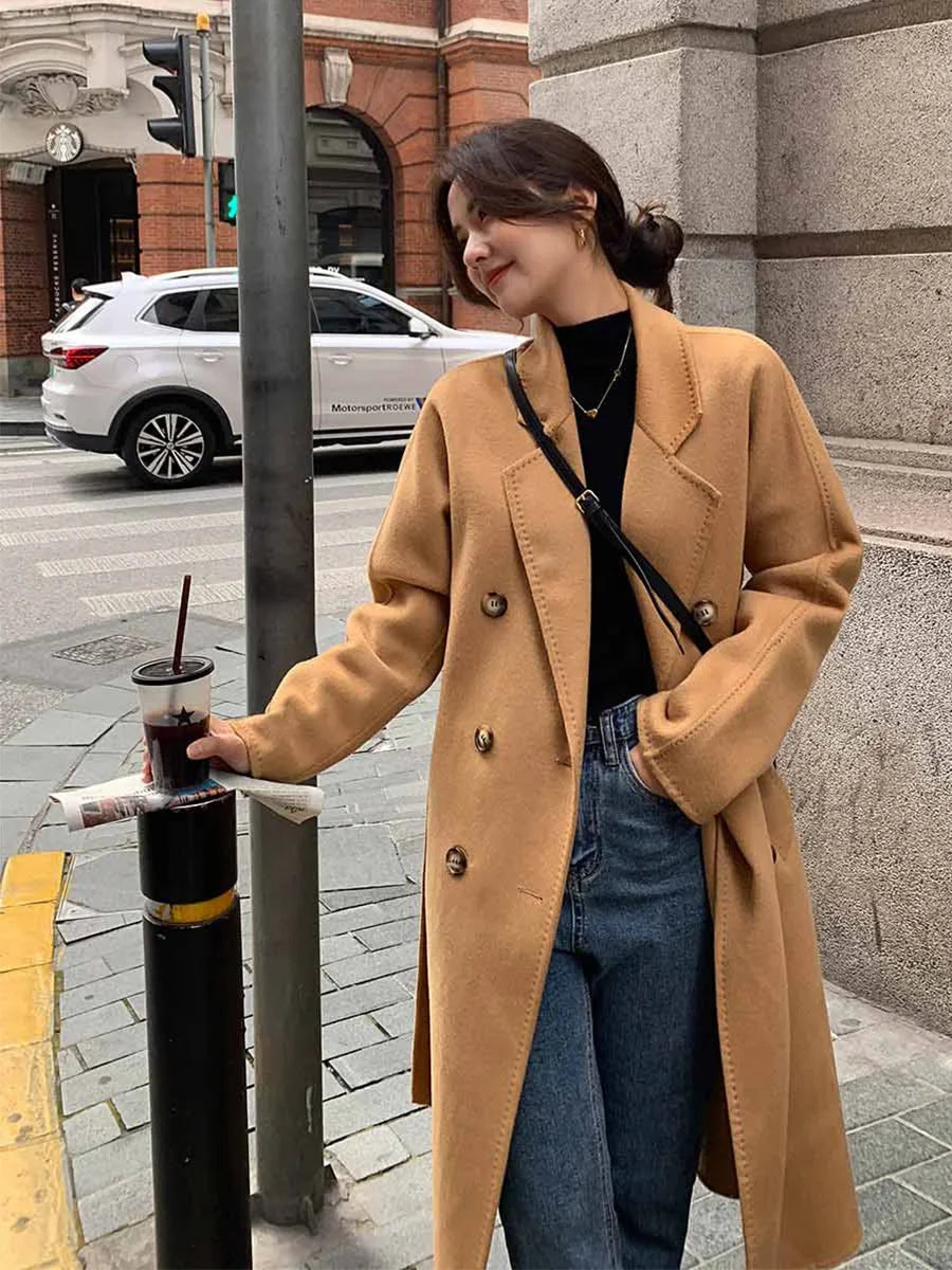 100% Australian Wool Handmade Notch Lapel Women's Long Coat