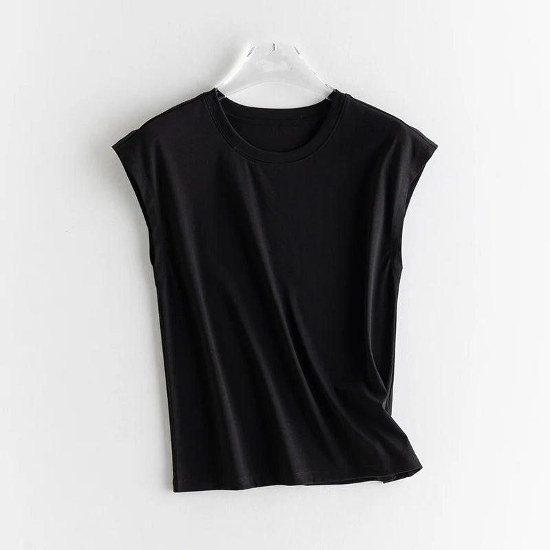 Mulberry Silk Mercerized Cotton Crewneck Sleeveless Women's T-shirt