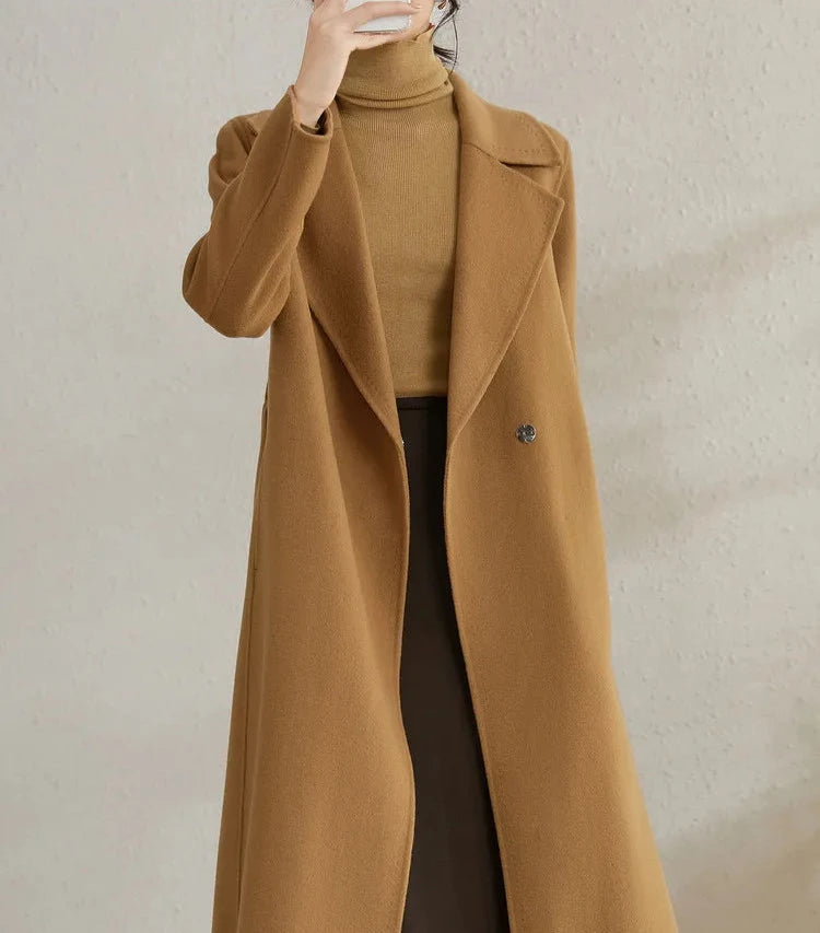 100% Wool Handmade Notched Lapels Elegant Long Coat