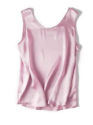 Pink sleeveless silk top on a white background