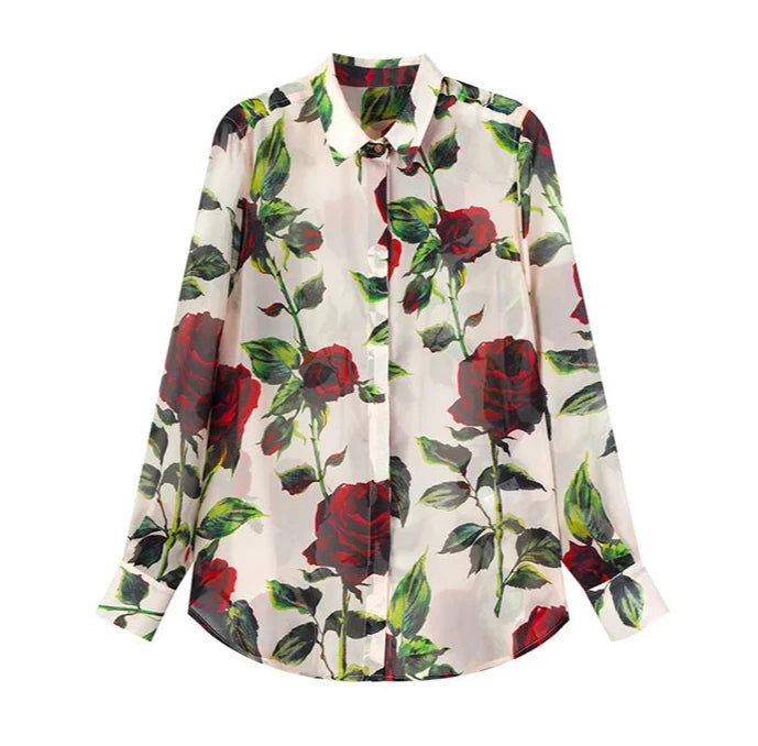 100% Premium Mulberry Silk Rose Printed Chic Women's Shirt