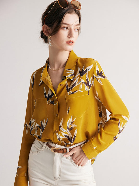 100% Mulberry Silk Stylish Printed Yellow Shirt